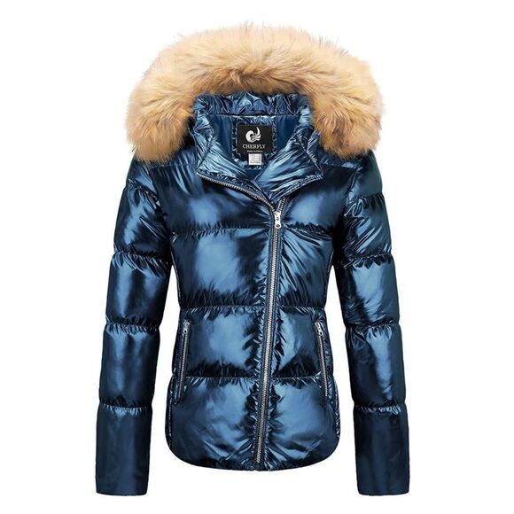 CHERFLY Women's Winter Jackets Warm Shining Short Down Coats with Fur Hood sz M - Picture 1 of 9